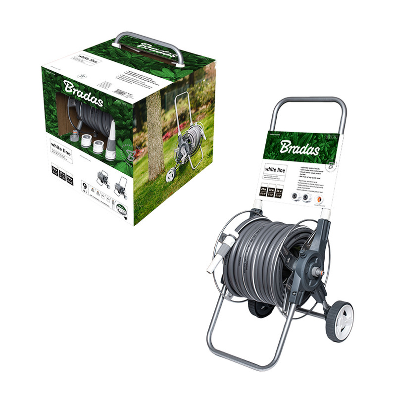 Bęben (wózek) metalowy na wąż z kółkami (BOX) + wąż 1/2" 30m + prądownica + szybkozłączki (biały) Bradas